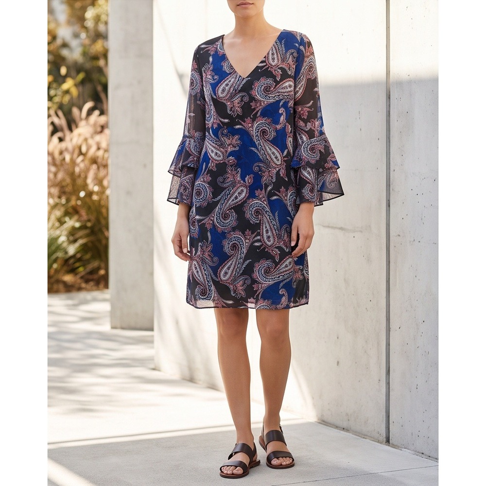 WHBM White House Black Market 12 Paisley Bell Sleeve Shift Dress Blue Black NEW